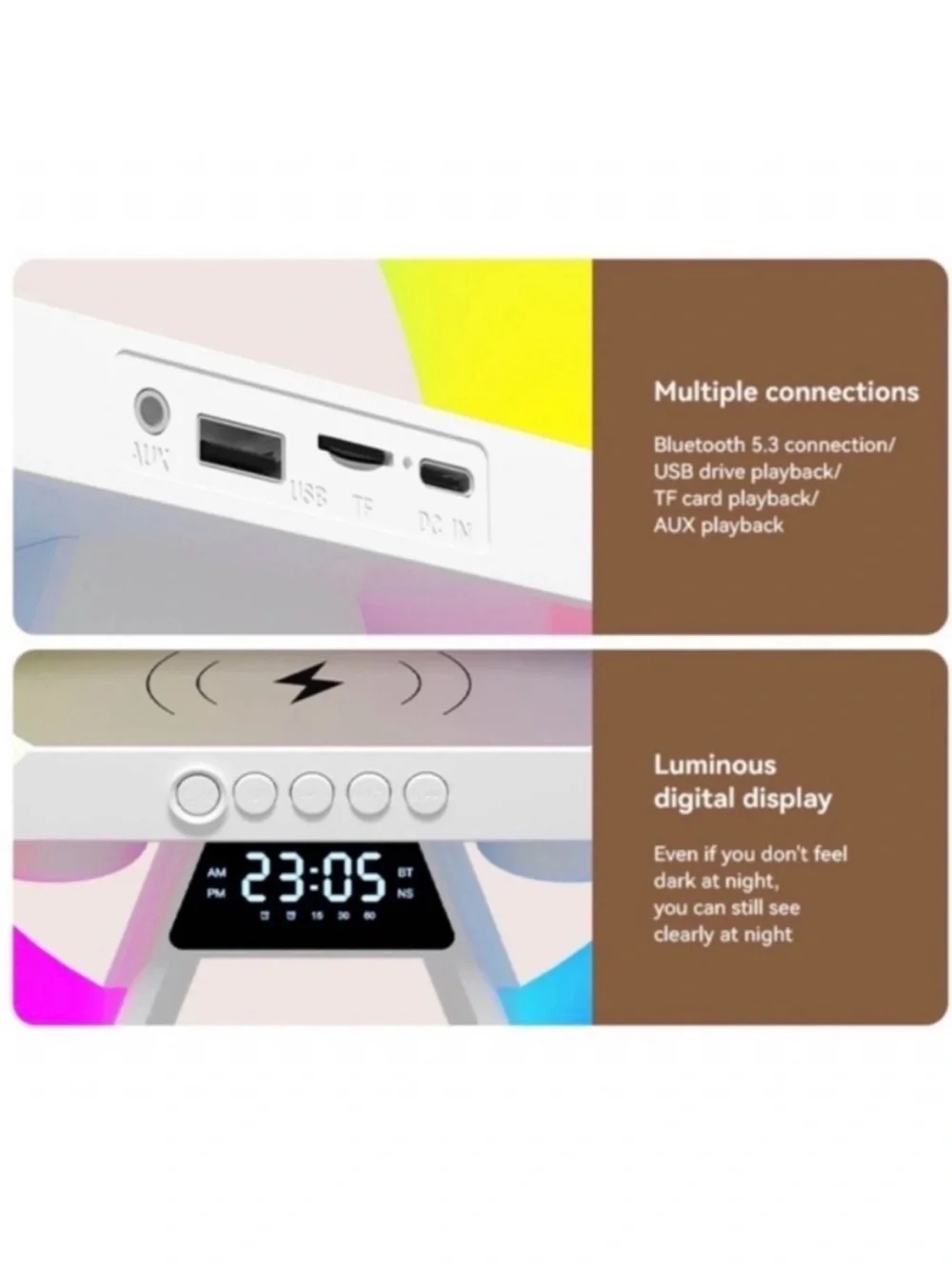 🆕- Led Wireless Charging Speaker/Lamp, Alarm Clock, Sound Machine, Light Modes